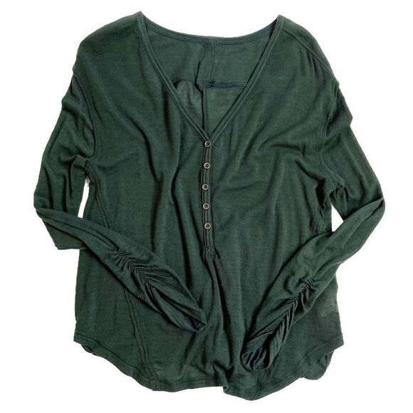 We The Free People Henley Keyhole Open Back Top Long Sleeve Deep Green XS NWOT - Picture 1 of 8